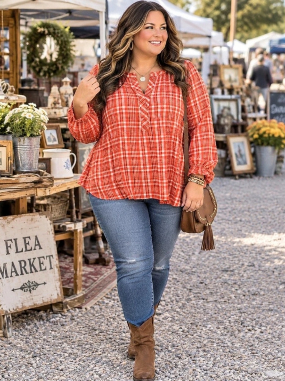 Talbots Coral Plaid V Neck Tunic Blouse EUC